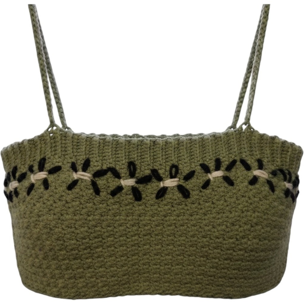 Handmade Crochet Sage Green Floral‎ Embroidered Cami Crop Top Boho Strappy Small